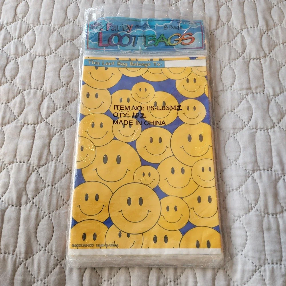Vintage 2000 Rinco Smiley Face Party Loot Bags 8ct Y2K Retro Yellow Blue PSLBSMI